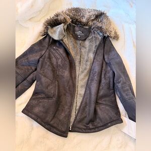 Montanaco Women's Stylish Dark brown metallic Teddy Jacket with Faux Fur Trim